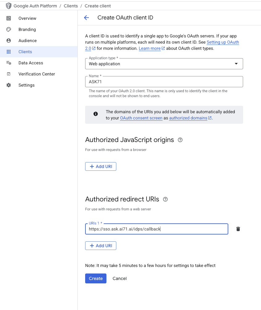 Google Cloud Console OAuth client creation