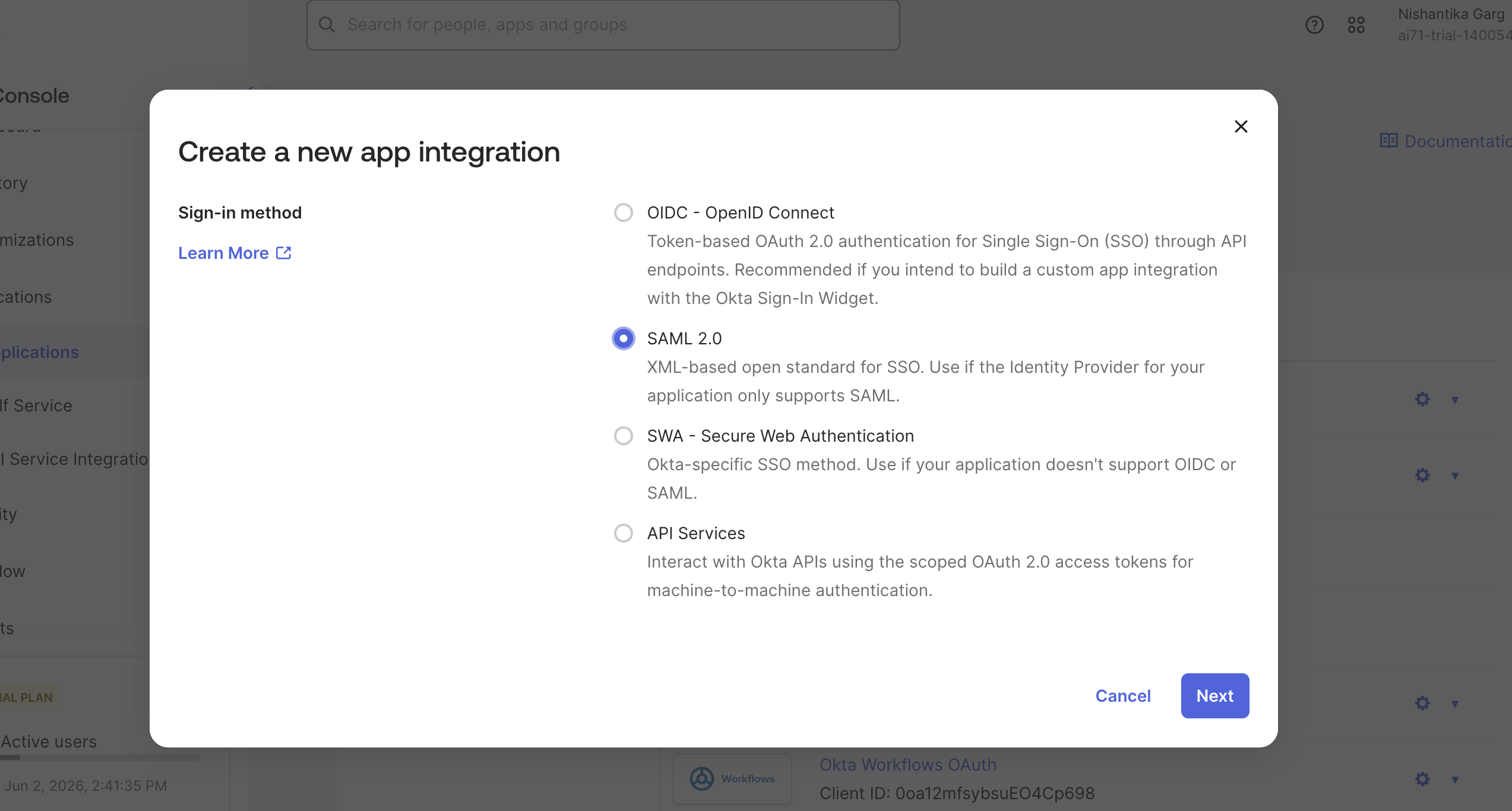 OKTA Create A new SAML 2.0 Application