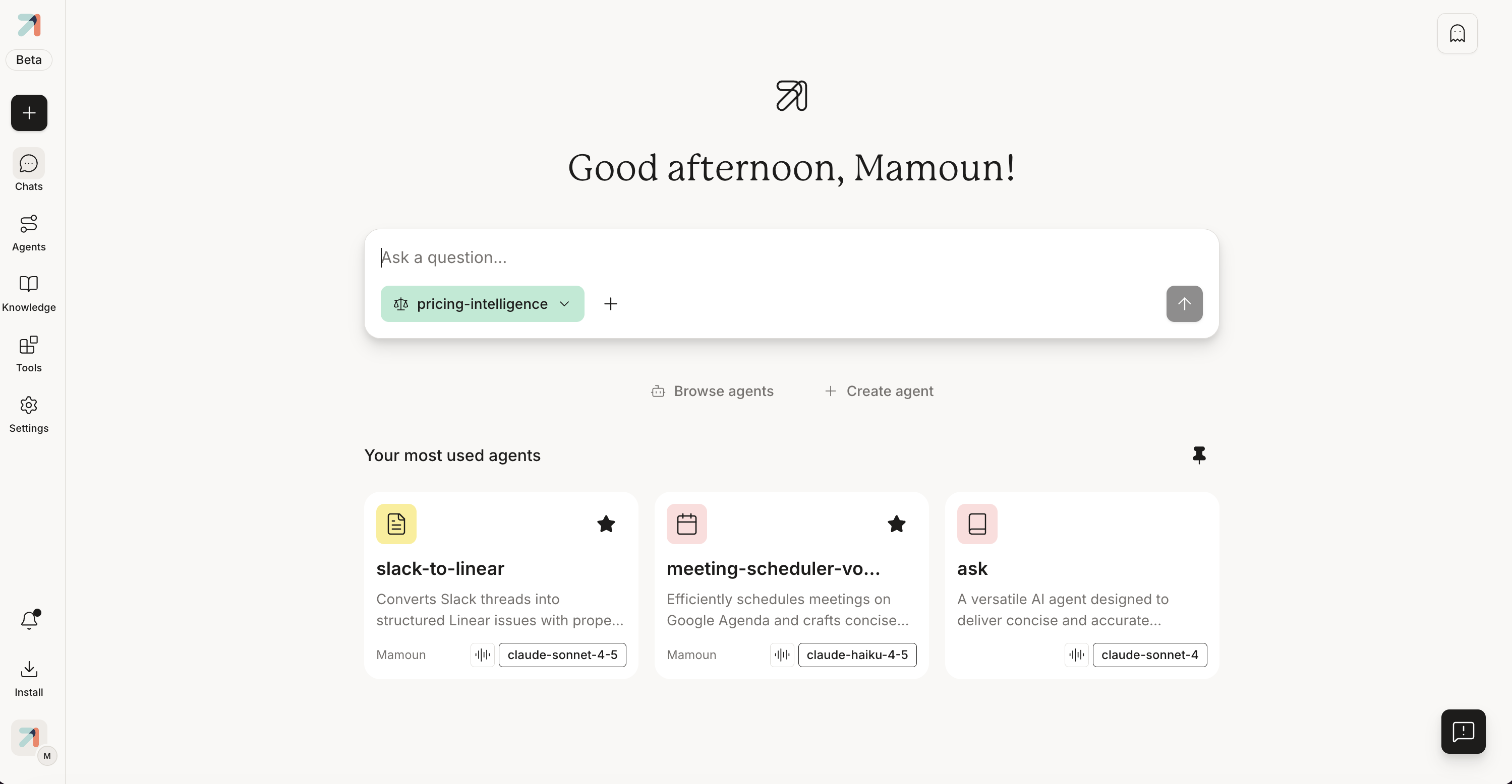 The conversations home in the Ask web app, with the persistent left navigation