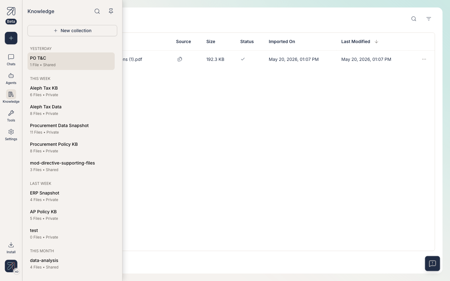 Knowledge page with a Knowledge sidebar listing collections grouped by recency, each tagged Private or Shared.
