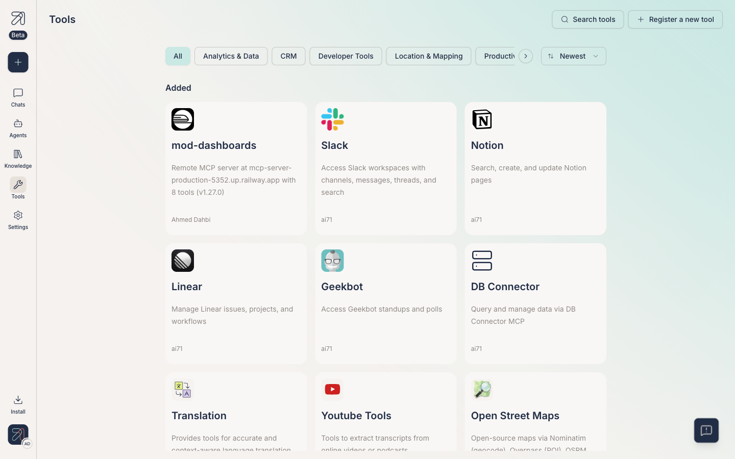 Tools page at /connectors, with header, filter chips, and Added and Recommended sections