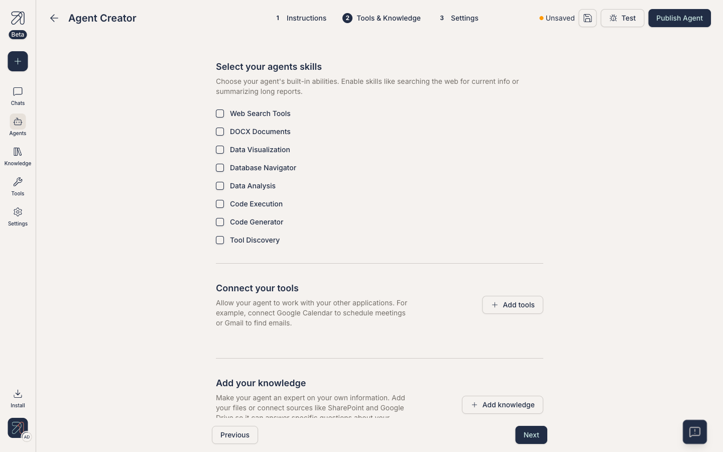 Agent creator step 2: Tools & Knowledge tab with Add tools and Add knowledge buttons