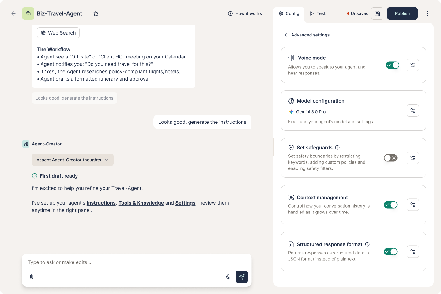 Agent creator step 3: Settings tab with Name, Description, Labels, and Advanced settings