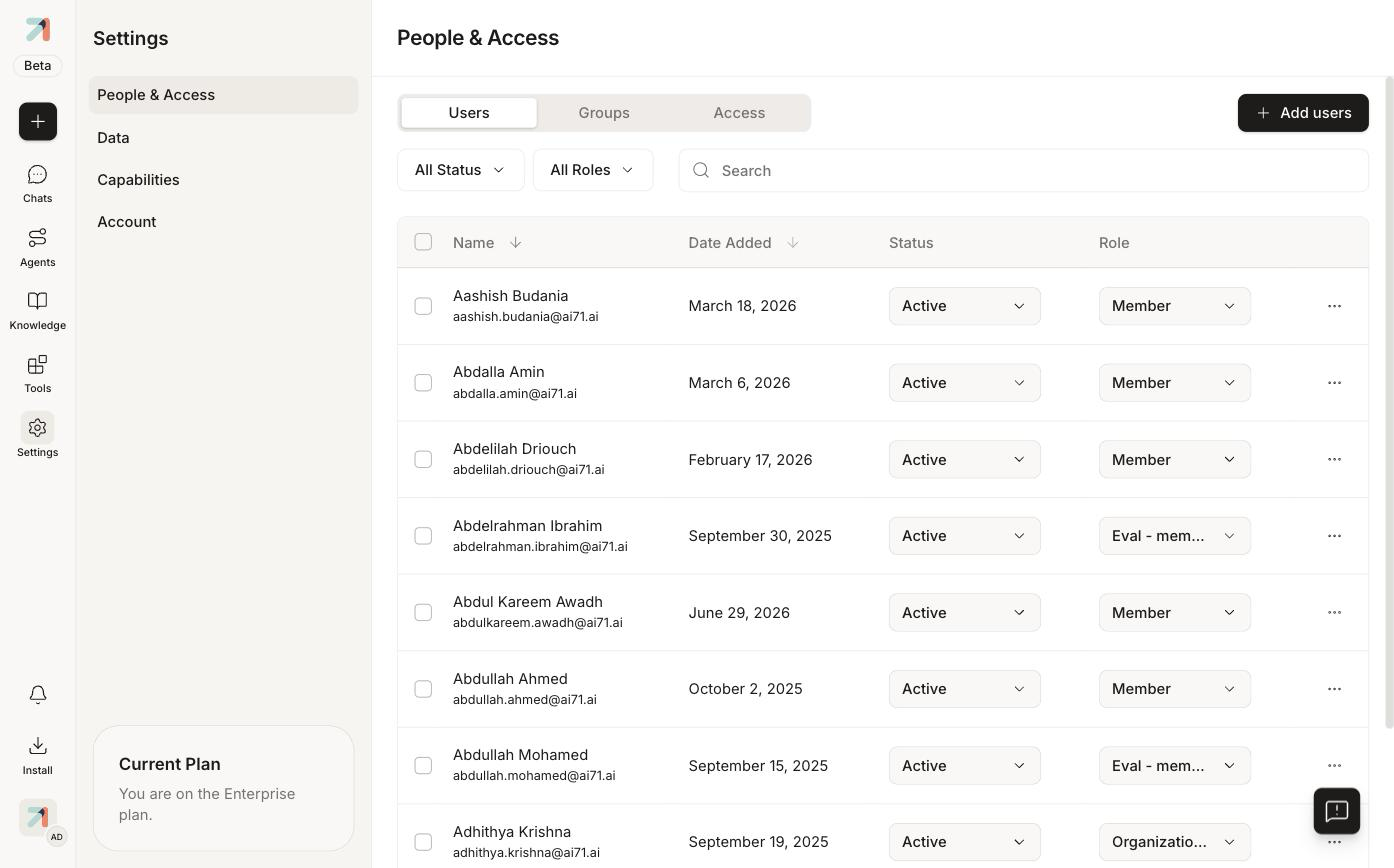 Settings home showing the People & Access section with the Users tab