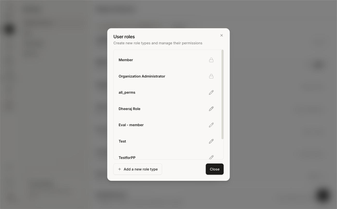 User roles dialog listing built-in and custom roles
