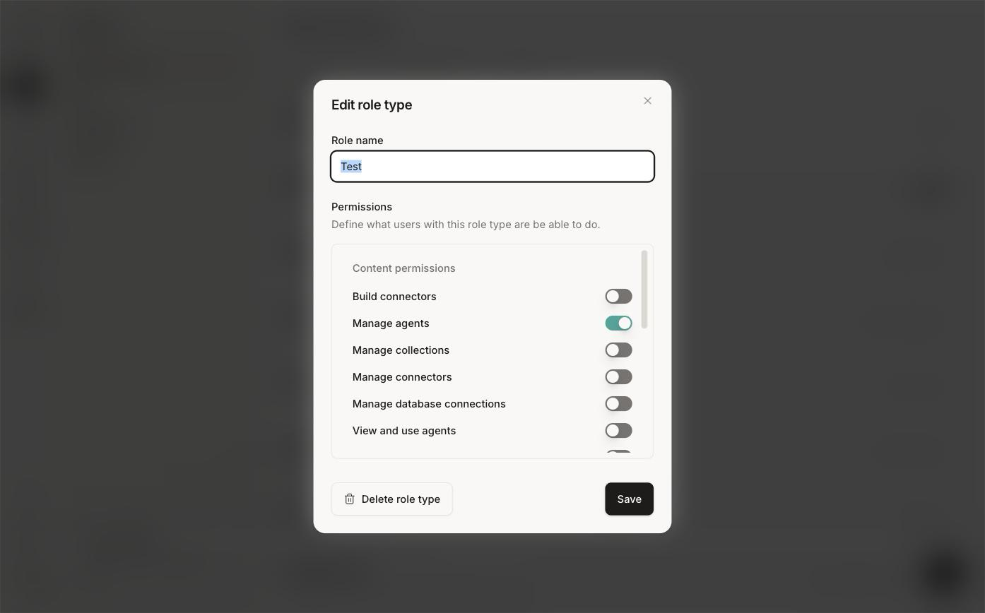 Edit role type dialog with permission toggles