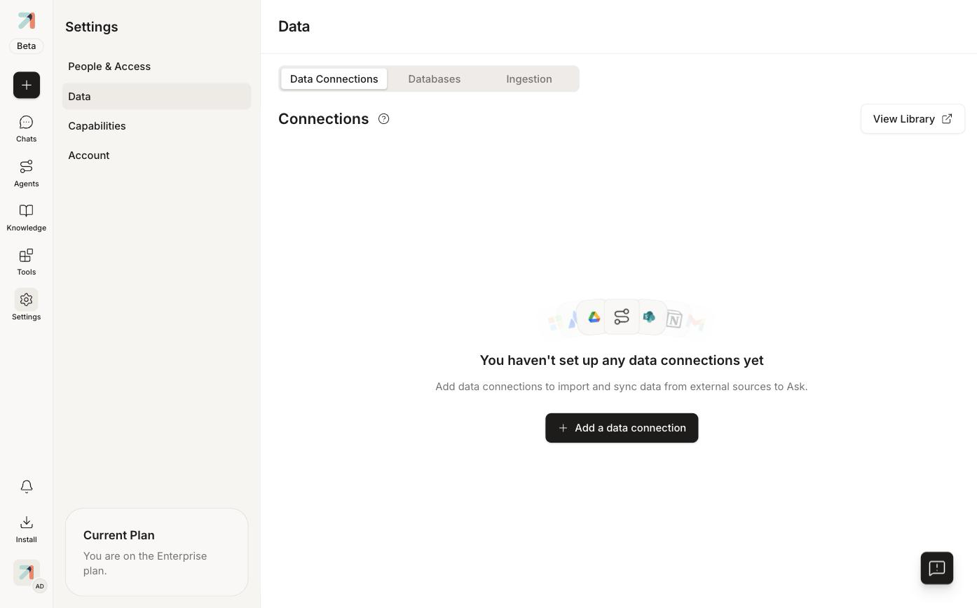 Settings page open at Data → Data Connections, with the Add a data connection button.