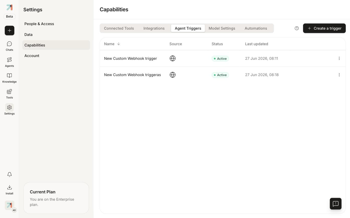 Agent Triggers tab listing webhook triggers with status