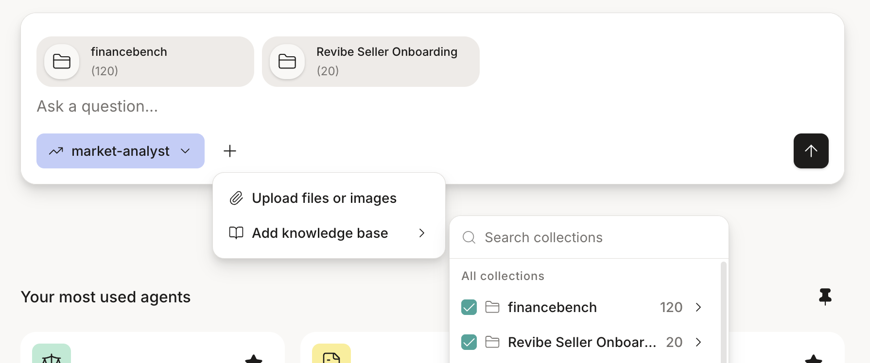 Knowledge base picker with two knowledge bases ticked to attach them in full