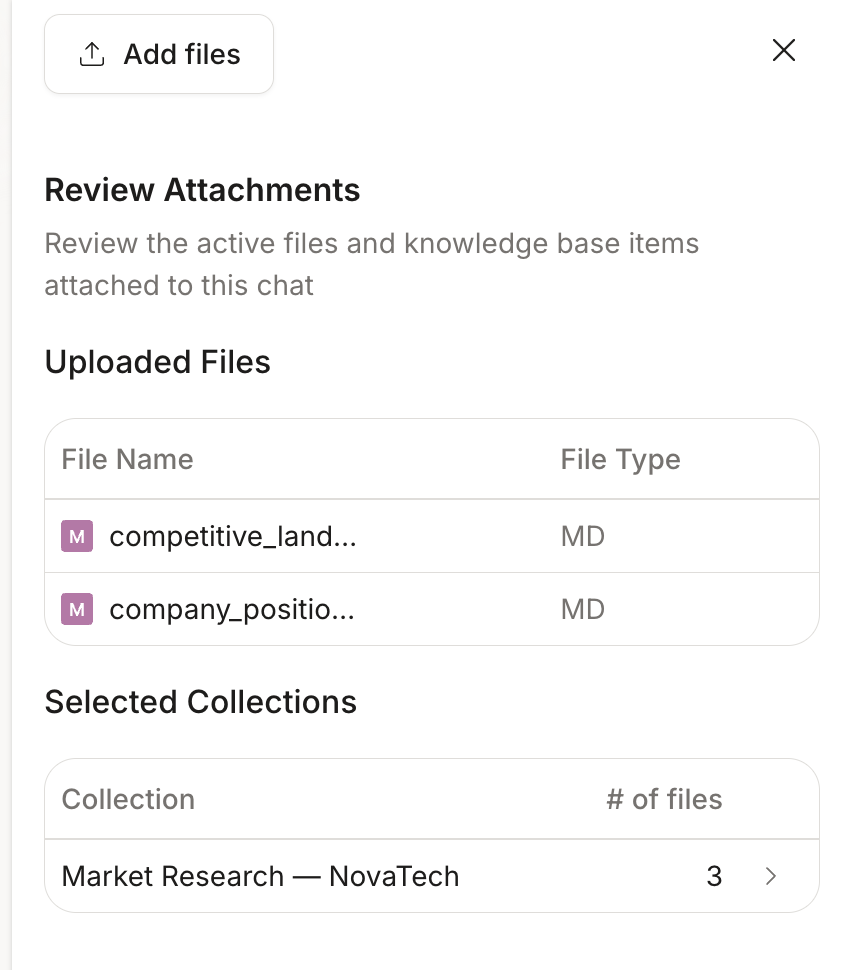 Review Attachments panel listing uploaded files and an attached knowledge base with its document count