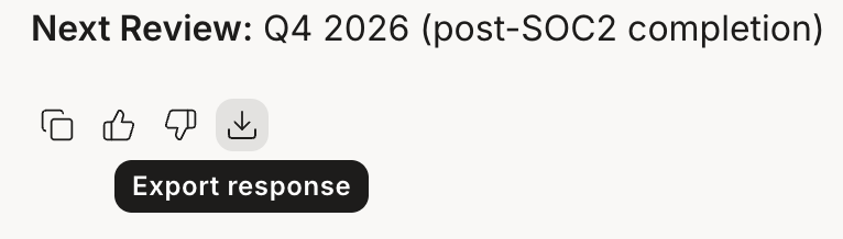 A reply’s action row with Copy, thumbs up, thumbs down, and a download button showing the Export response tooltip