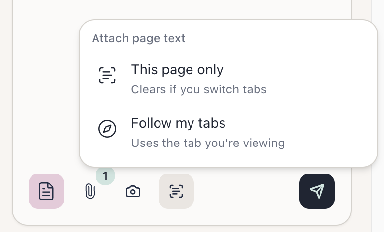 The Attach page text menu with two options: “This page only, clears if you switch tabs” and “Follow my tabs, uses the tab you’re viewing”
