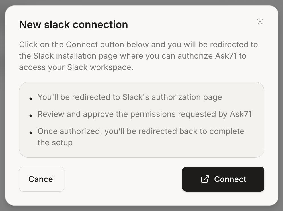 “New slack connection” dialog explaining you’ll be redirected to Slack to authorize Ask, with Cancel and Connect buttons