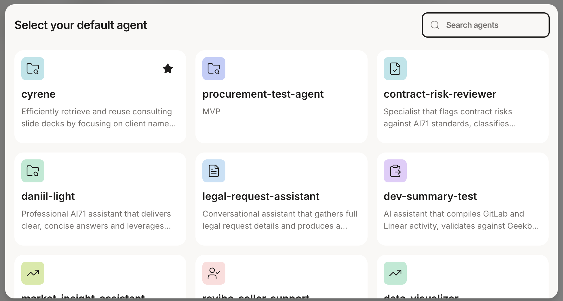“Select your default agent” grid of agent cards with a Search agents box; one agent is starred as the default