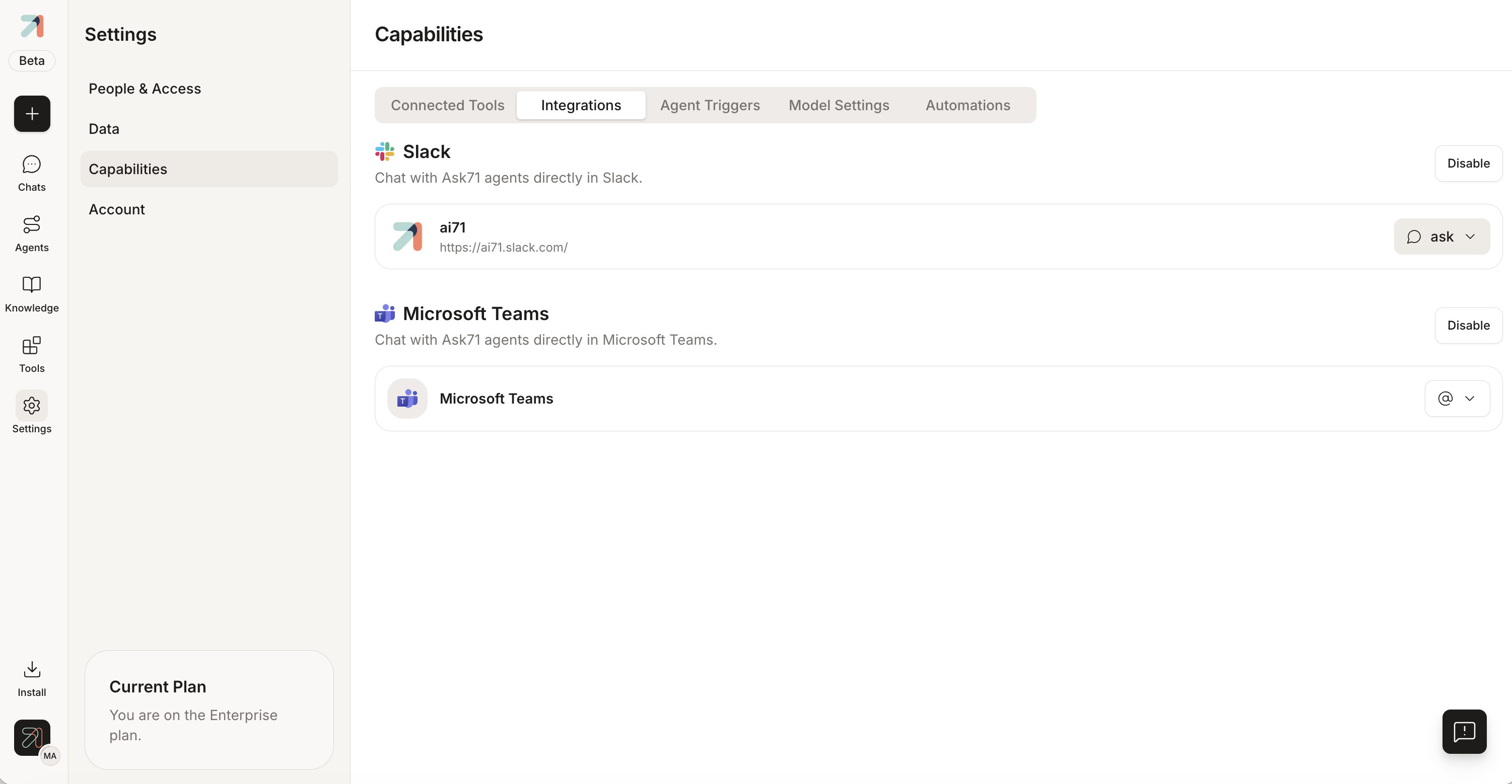 The Integrations tab with Slack now connected: the ai71 workspace (ai71.slack.com) listed with the “ask” bot handle and a Disable button