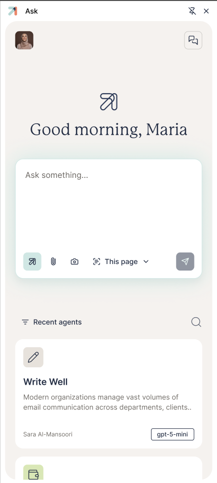 The Ask home screen with an “Ask something…” prompt above the input bar, and a Recent agents list below