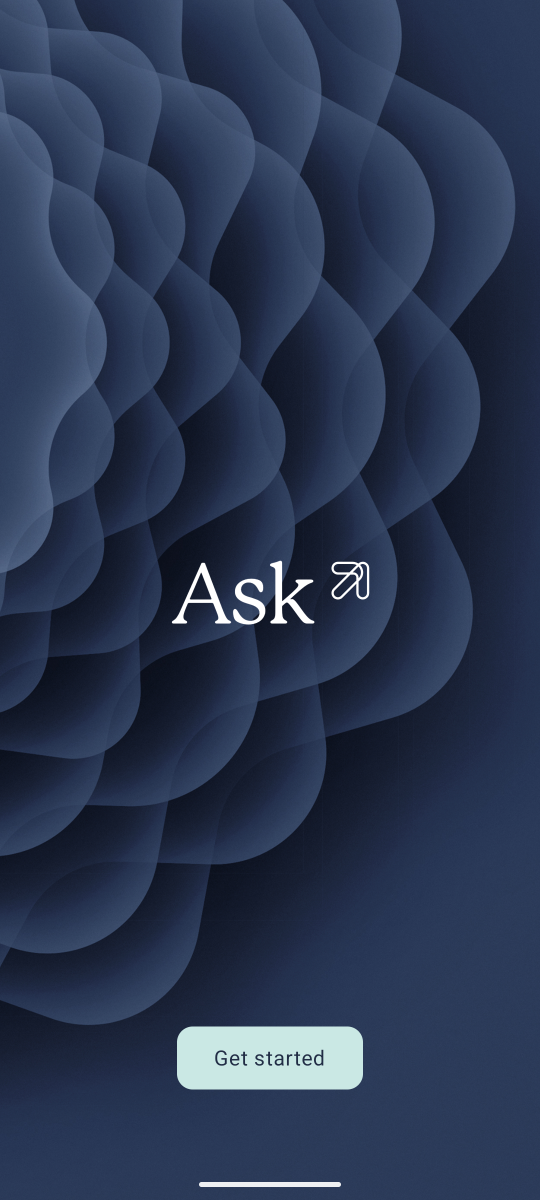 The Ask app splash screen with the Ask logo and a Get started button