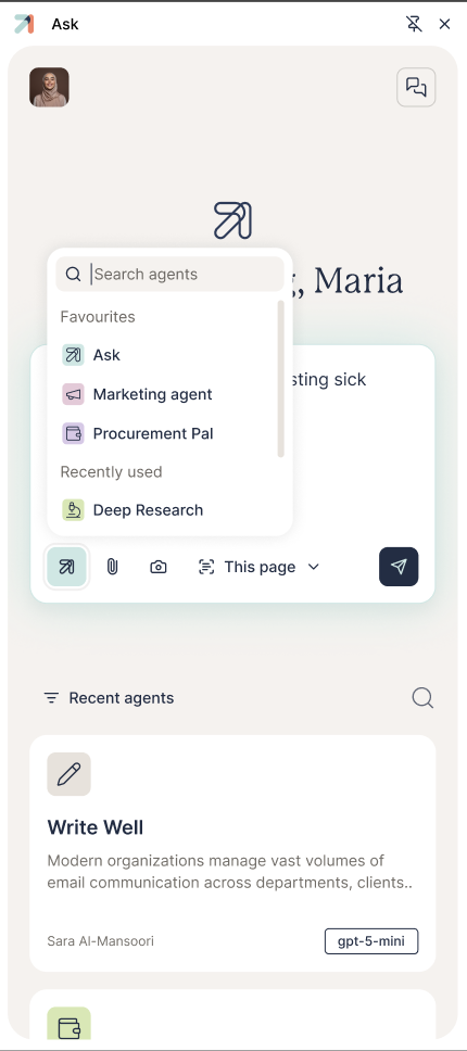 The agent picker open, showing Favourites (Ask, Marketing agent, Procurement Pal) and Recently used agents with a search box