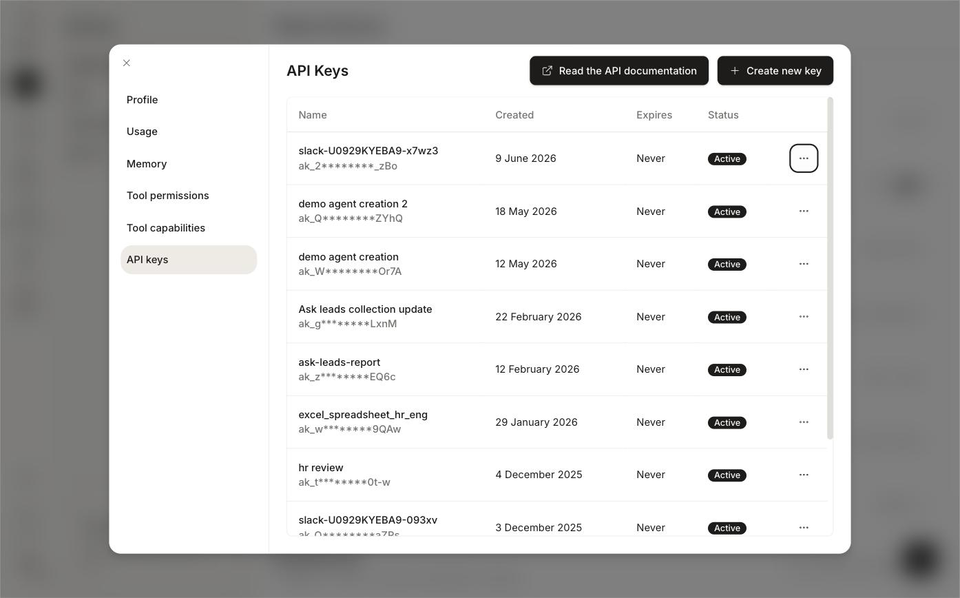 Personal settings → API keys, with a list of keys showing name, created date, expiry, and status